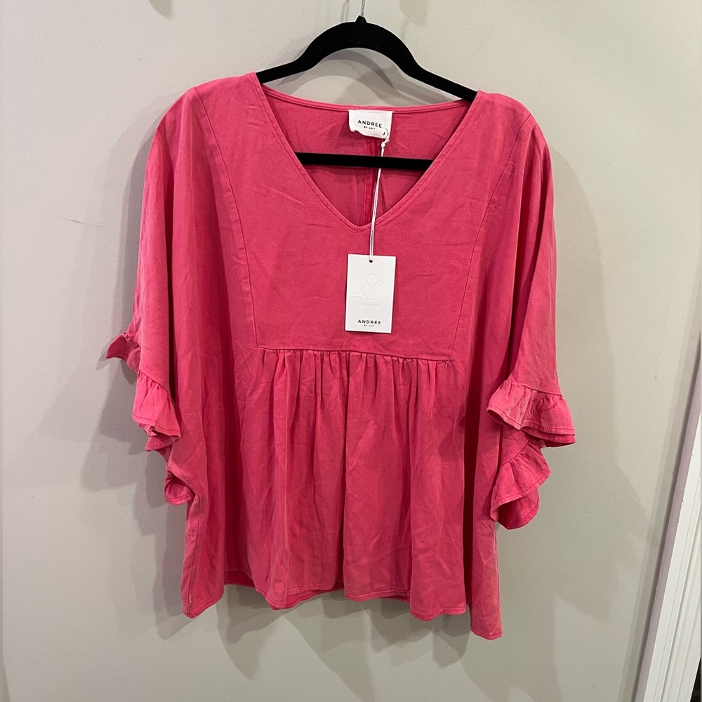ANDREE by Unit Pink Short Ruffle Cape Sleeve Babydoll Flowy Boho Blouse- Large